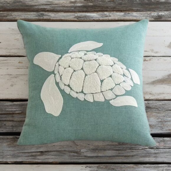 Decorative Throw Pillow Cover Embroidered Case Nautical Sea Turtle Beach Decor - Picture 2 of 10